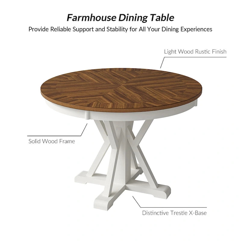 Felicia Farmhouse Natural Solid Wood Round Cross-buck Base Dining Table for 4 by