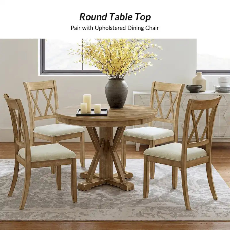 Felicia Farmhouse Natural Solid Wood Round Cross-buck Base Dining Table for 4 by