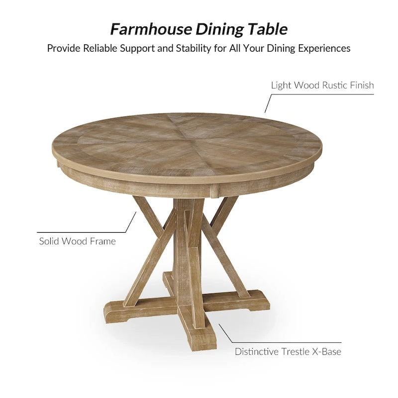 Felicia Farmhouse Natural Solid Wood Round Cross-buck Base Dining Table for 4 by