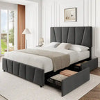 Transitional Upholstered Platform Bed Frame with Adjustable Headboard and 4 Storage Drawers