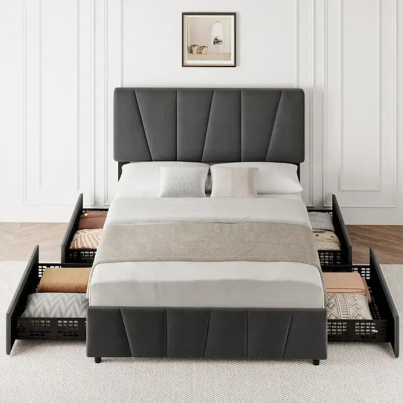 Transitional Upholstered Platform Bed Frame with Adjustable Headboard and 4 Storage Drawers