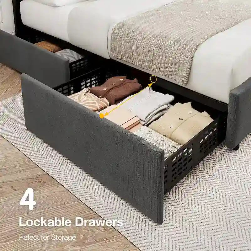 Transitional Upholstered Platform Bed Frame with Adjustable Headboard and 4 Storage Drawers