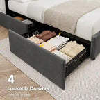 Transitional Upholstered Platform Bed Frame with Adjustable Headboard and 4 Storage Drawers
