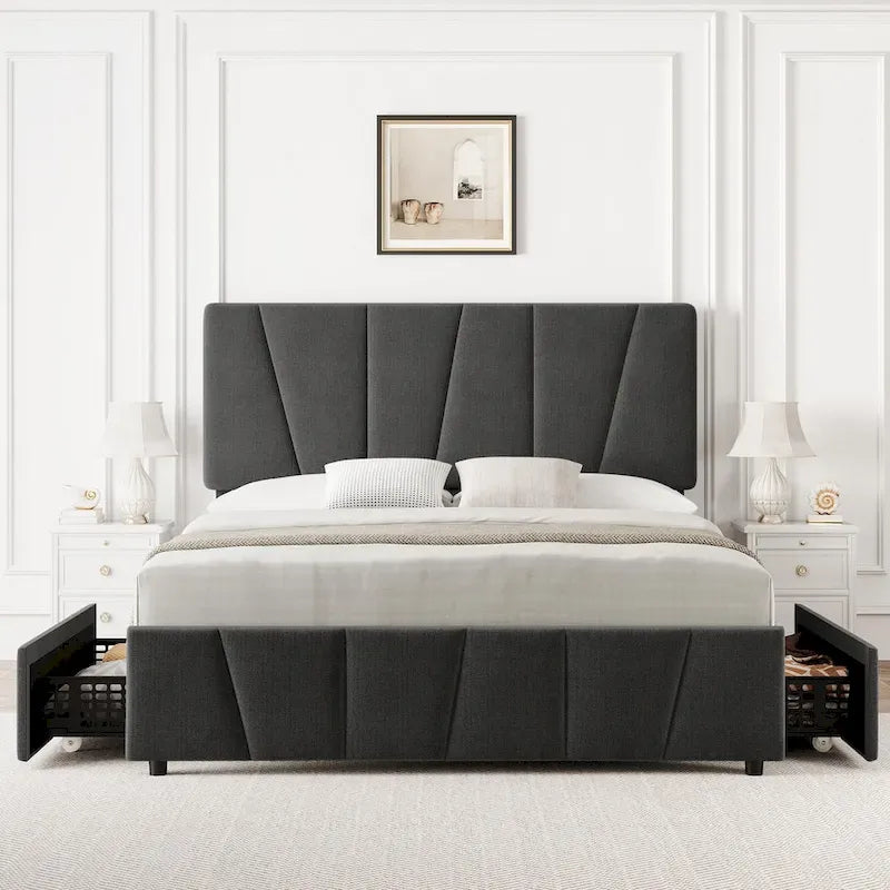 Transitional Upholstered Platform Bed Frame with Adjustable Headboard and 4 Storage Drawers