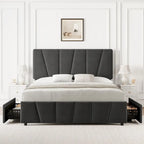 Transitional Upholstered Platform Bed Frame with Adjustable Headboard and 4 Storage Drawers
