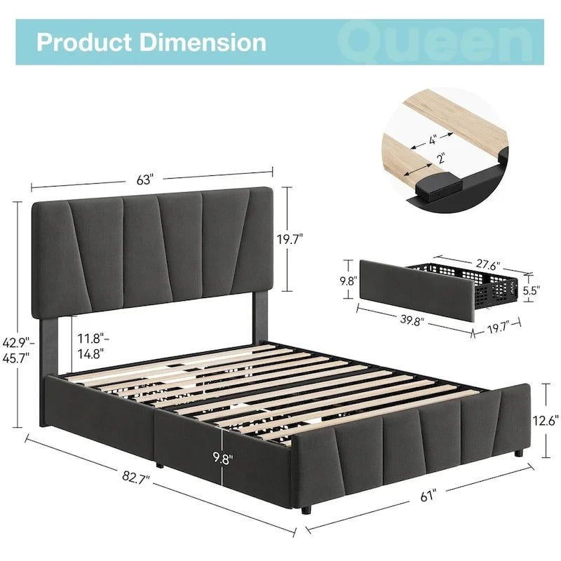 Transitional Upholstered Platform Bed Frame with Adjustable Headboard and 4 Storage Drawers