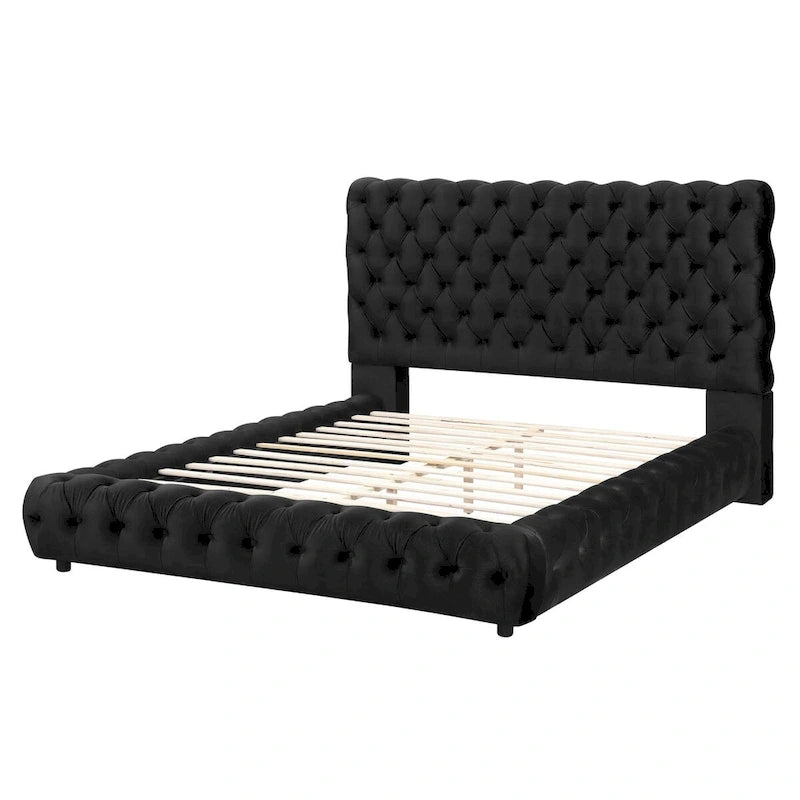 Mirilla Black Velvet Upholstered Tufted Platform Bed
