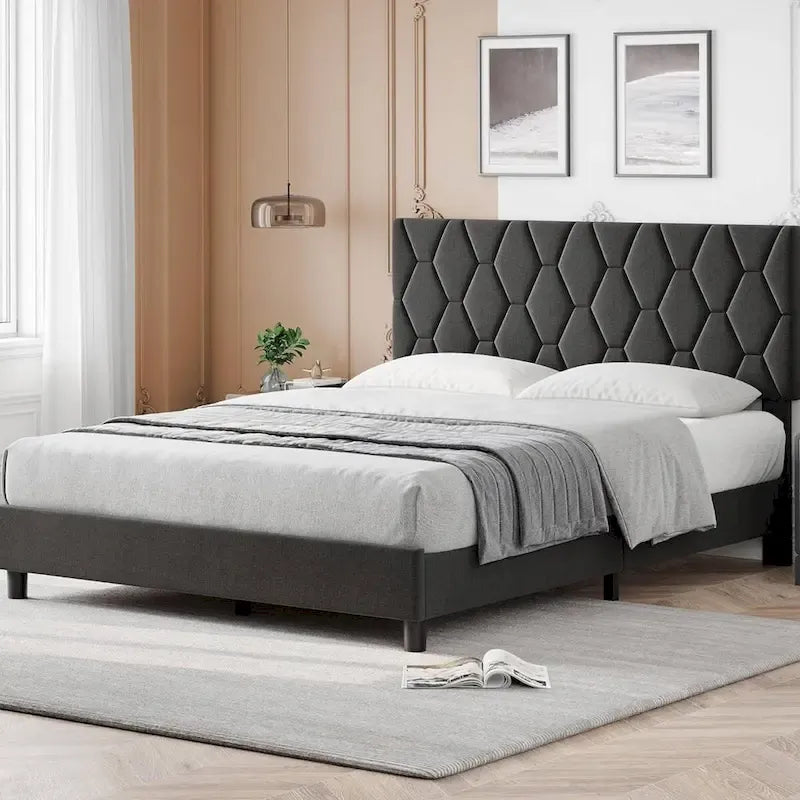 Upholstered Platform Bed Frame with Adjustable Headboard