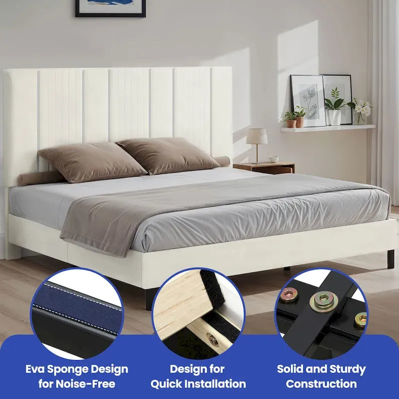 52King Vertical Channel Tufted Headboard Velvet Upholstered Platform Bed Frame