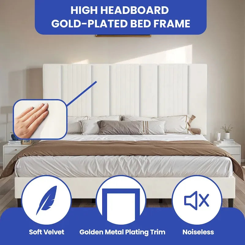 52King Vertical Channel Tufted Headboard Velvet Upholstered Platform Bed Frame