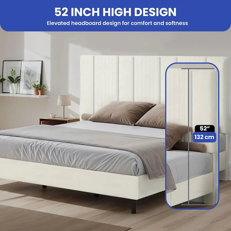 52King Vertical Channel Tufted Headboard Velvet Upholstered Platform Bed Frame
