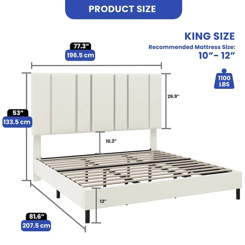 52King Vertical Channel Tufted Headboard Velvet Upholstered Platform Bed Frame