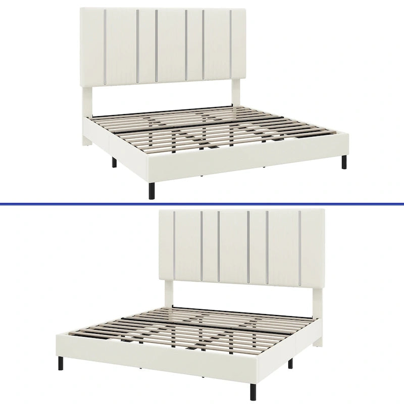 52King Vertical Channel Tufted Headboard Velvet Upholstered Platform Bed Frame