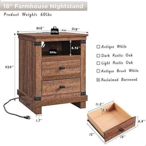18Farmhouse Nightstand with Charging Station, Night Stand, End Table