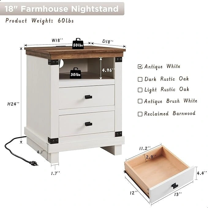 18Farmhouse Nightstand with Charging Station, Night Stand, End Table