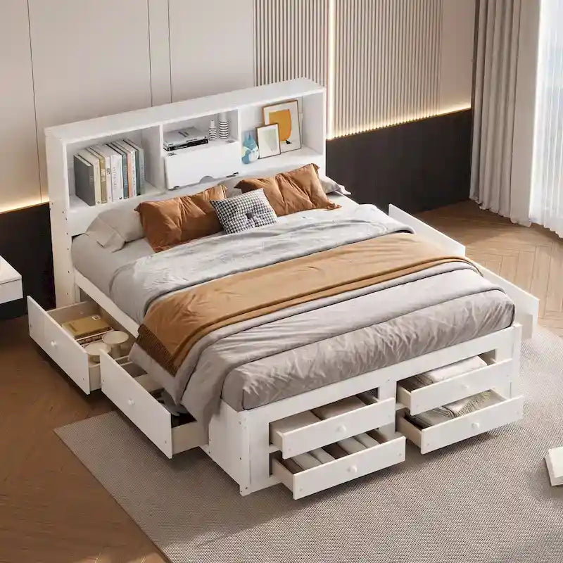 Platform Bed with Storage Headboard and 8 Drawers