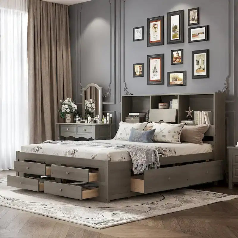 Platform Bed with Storage Headboard and 8 Drawers