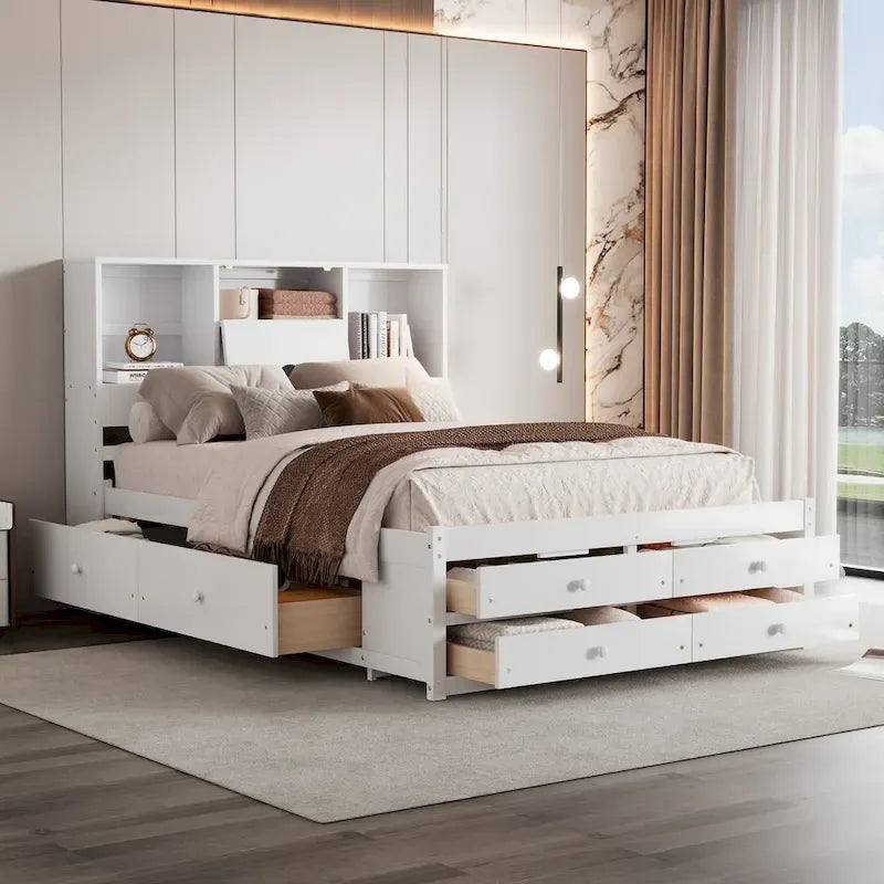 Platform Bed with Storage Headboard and 8 Drawers