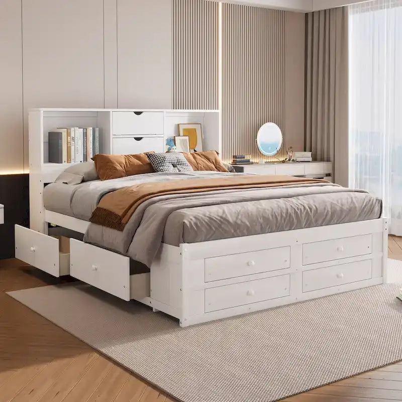 Platform Bed with Storage Headboard and 8 Drawers