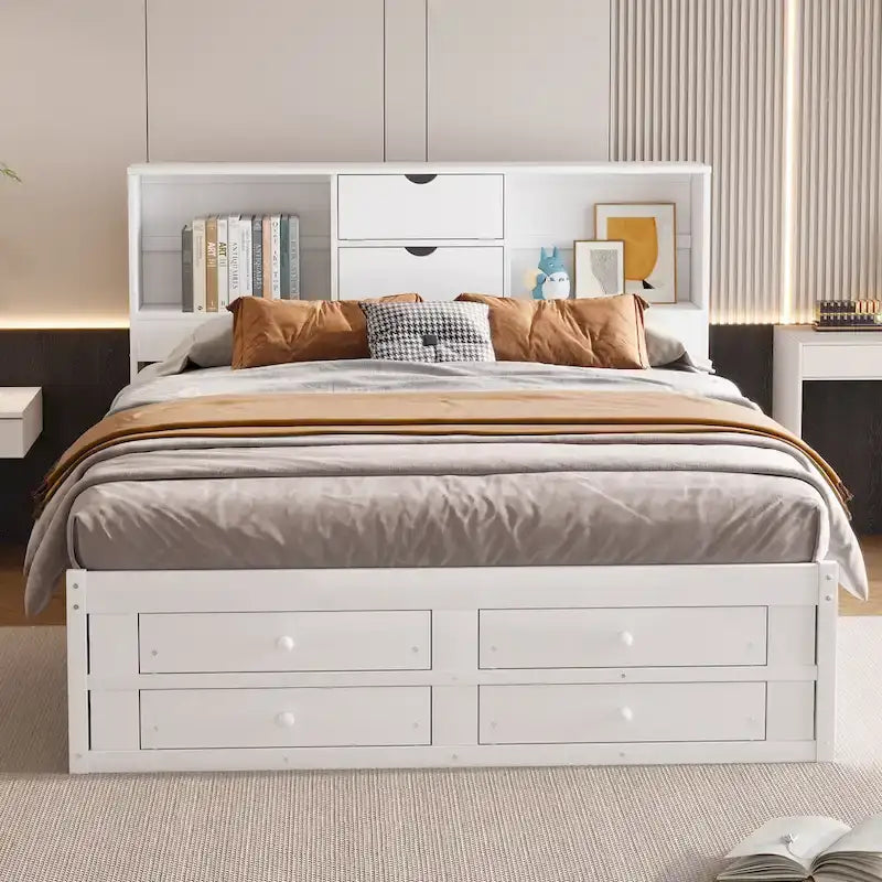 Platform Bed with Storage Headboard and 8 Drawers