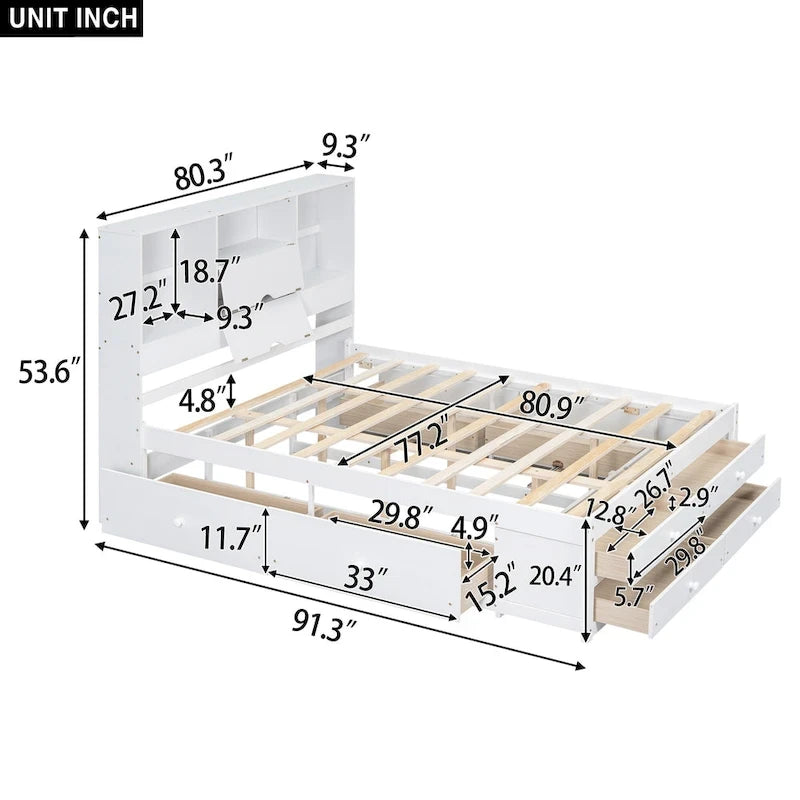 Platform Bed with Storage Headboard and 8 Drawers