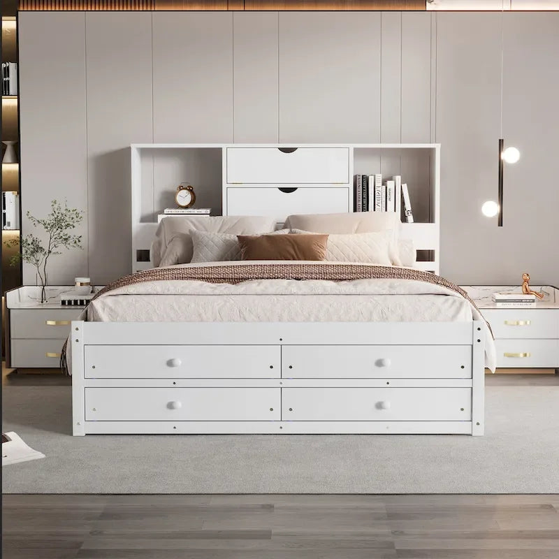 Platform Bed with Storage Headboard and 8 Drawers