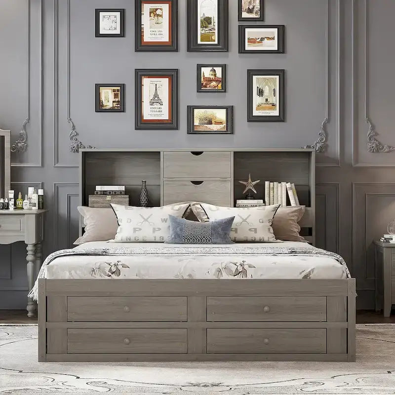 Platform Bed with Storage Headboard and 8 Drawers