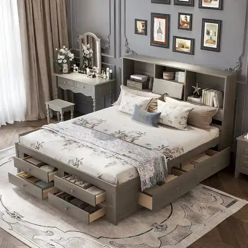 Platform Bed with Storage Headboard and 8 Drawers
