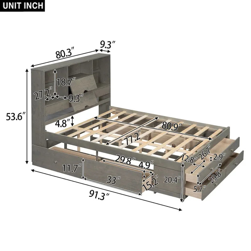 Platform Bed with Storage Headboard and 8 Drawers