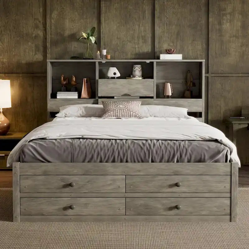 Platform Bed with Storage Headboard and 8 Drawers