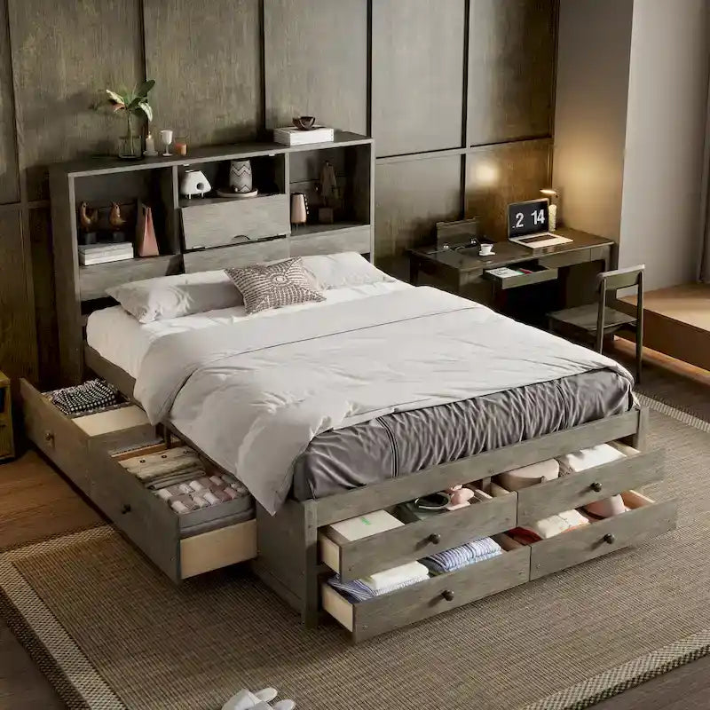 Platform Bed with Storage Headboard and 8 Drawers