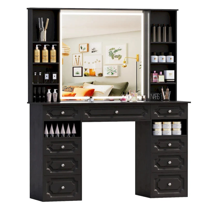 Coiffeuse blanche/noire avec miroir éclairé, grande coiffeuse avec 9 tiroirs, coiffeuses de style européen
