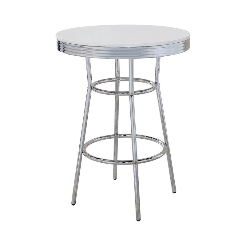 42 Inch Round Bar Table, Ribbed Apron, Glossy White Lacquer, Retro Style