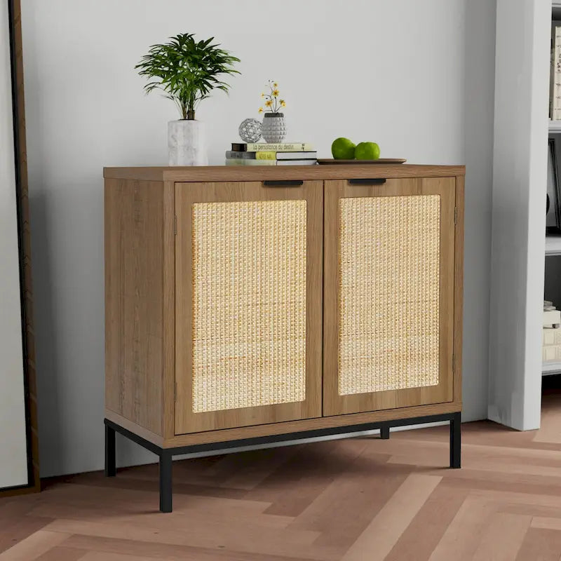 Anmytek Mid-Century Modern Rattan Accent Storage Cabinet Wood Sideboard Buffet with 2 Doors