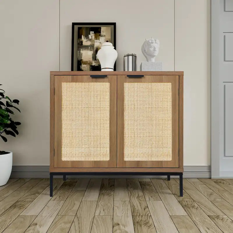Anmytek Mid-Century Modern Rattan Accent Storage Cabinet Wood Sideboard Buffet with 2 Doors