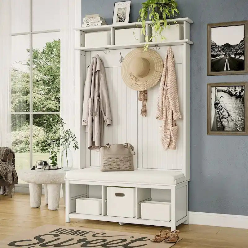 Porte-manteau en bois massif avec rangement pour chaussures et 1 bac