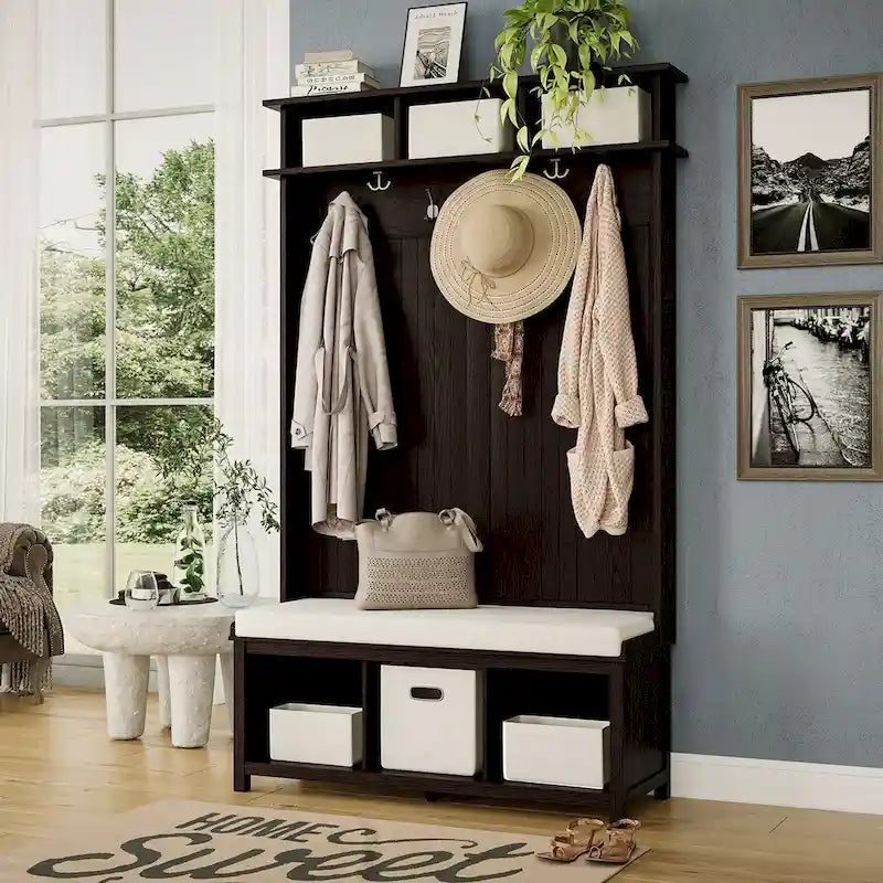 Porte-manteau en bois massif avec rangement pour chaussures et 1 bac