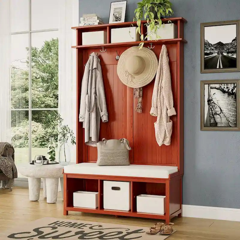 Porte-manteau en bois massif avec rangement pour chaussures et 1 bac