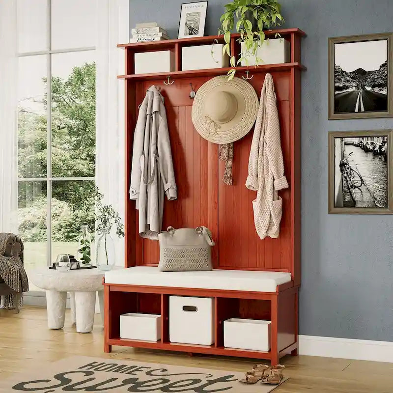 Porte-manteau en bois massif avec rangement pour chaussures et 1 bac