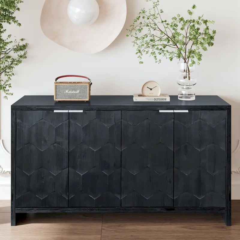 60-in Farmhouse Antique Black 4 Wooden Door Sideboard Buffet Server Accent Storage Cabinet