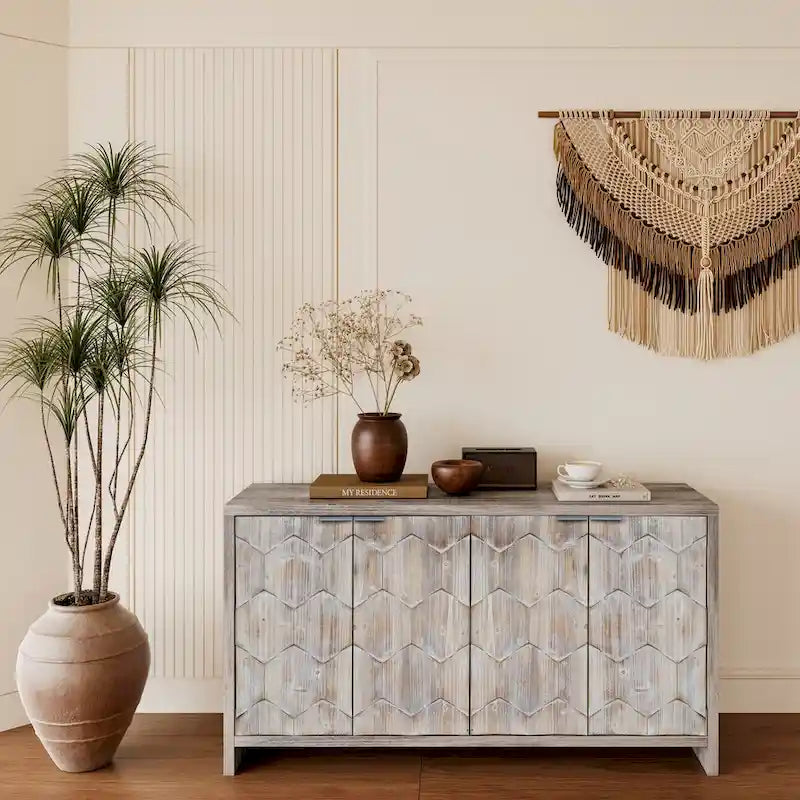 60-in Farmhouse Antique Black 4 Wooden Door Sideboard Buffet Server Accent Storage Cabinet