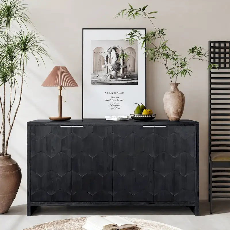 Vaisselier buffet desserte d'appoint 4 portes en bois noir antique style rustique de 152,4 cm