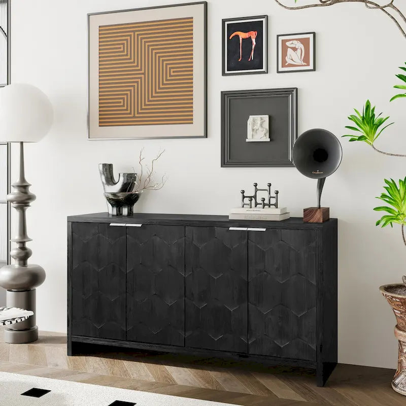 Vaisselier buffet desserte d'appoint 4 portes en bois noir antique style rustique de 152,4 cm