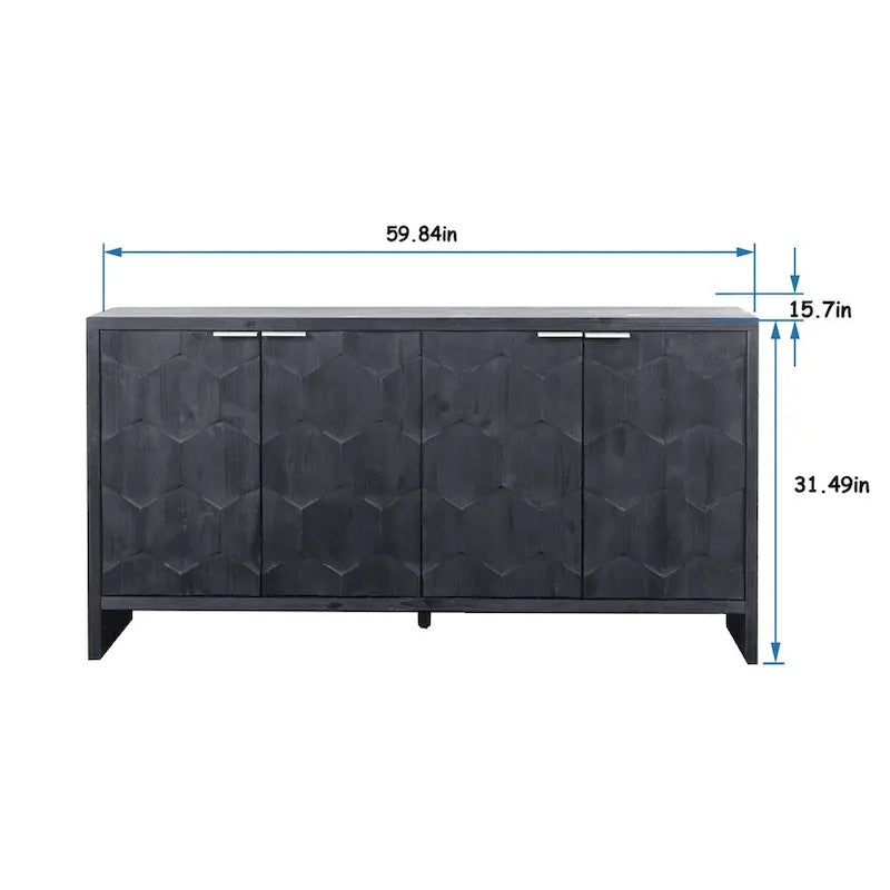 Vaisselier buffet desserte d'appoint 4 portes en bois noir antique style rustique de 152,4 cm
