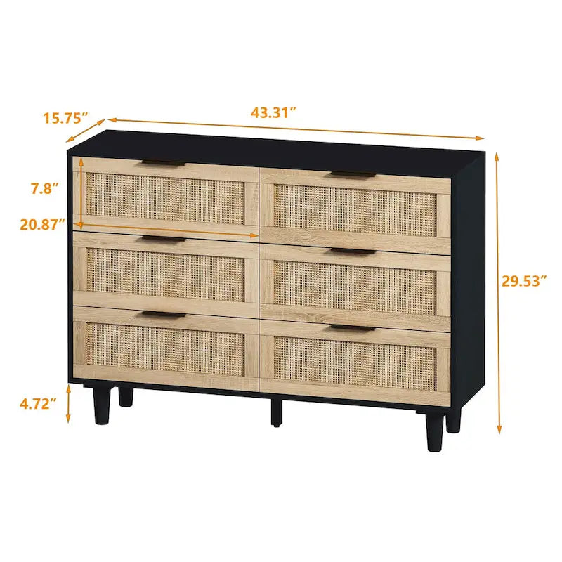 6-drawers Rattan Storage Cabinet - 43.31L x 15.75W x 29.53H