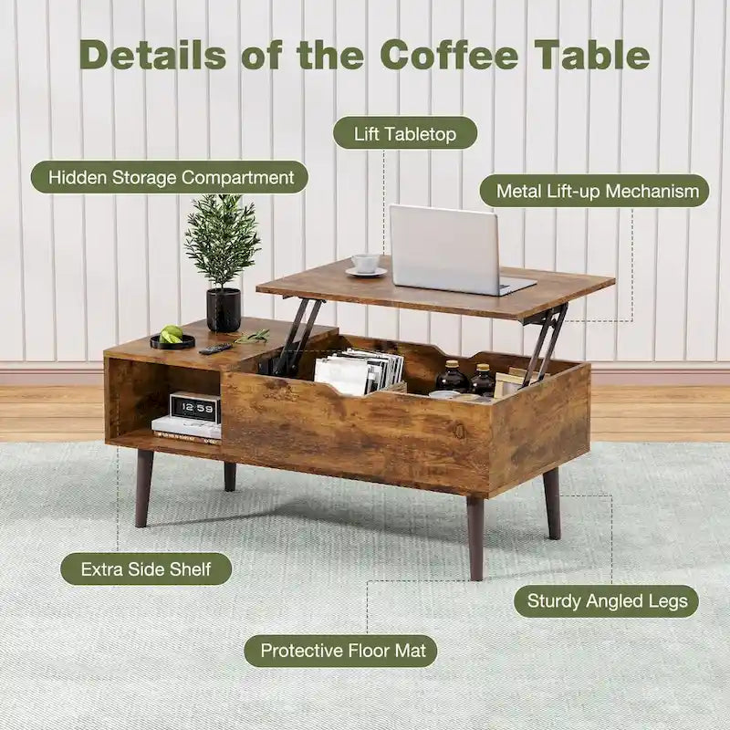 Tables basses de rangement en bois avec plateau relevable et compartiment caché, petite table à manger pour salon ou bureau