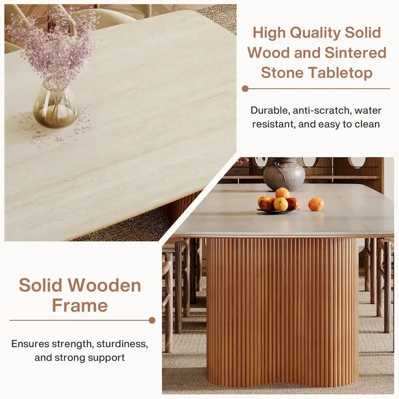 78.7Rectangle Dining Table, Luxury Sintered Stone Kitchen Table with Solid Wood Legs