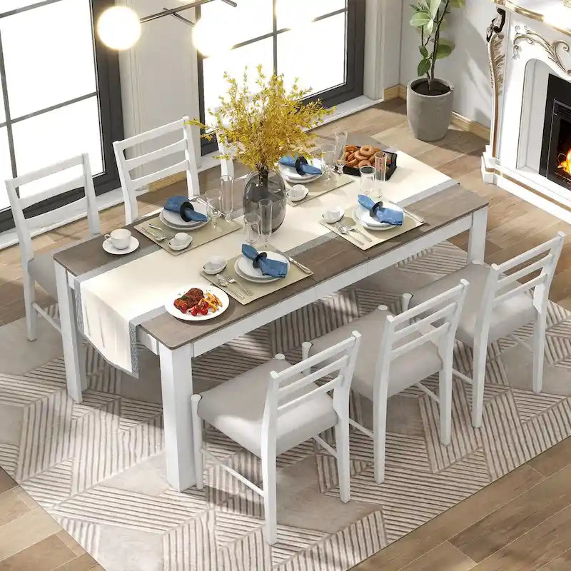 7-Piece Wooden Extendable Dining Table Set with 12Leaf and 2 Drawers, 6 Chairs