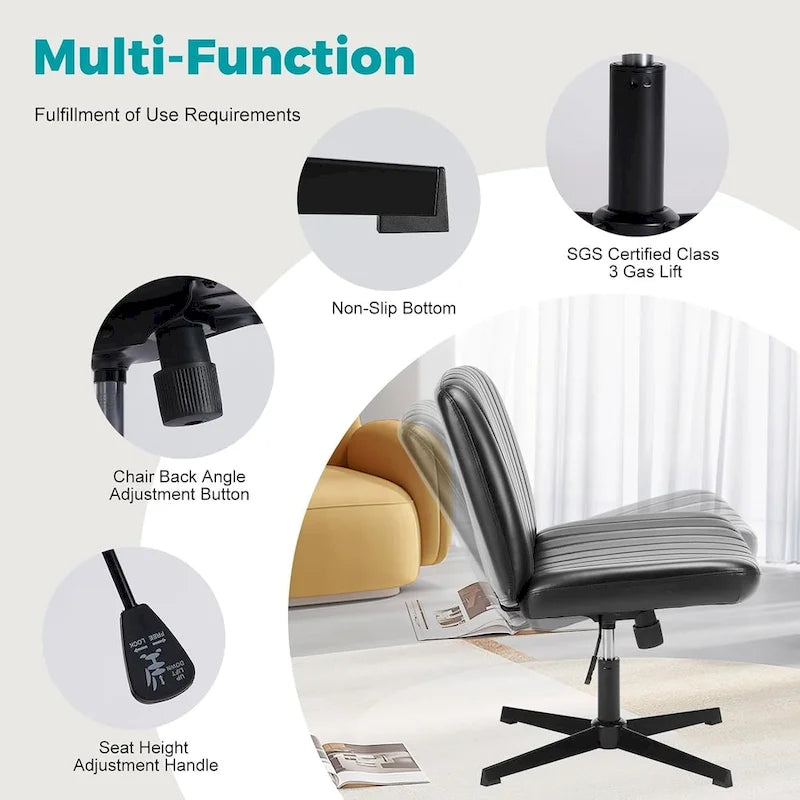 Chaise de bureau à dossier rembourré, sans accoudoirs, sans roulettes, réglable, pivotante, pour la maison ou le bureau, avec pieds croisés.