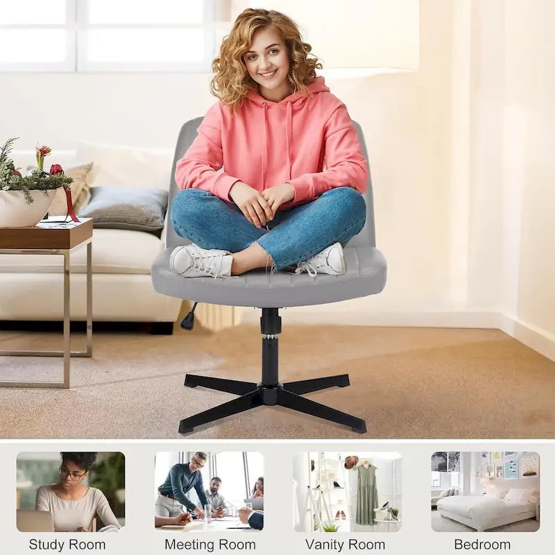 Chaise de bureau à dossier rembourré, sans accoudoirs, sans roulettes, réglable, pivotante, pour la maison ou le bureau, avec pieds croisés.
